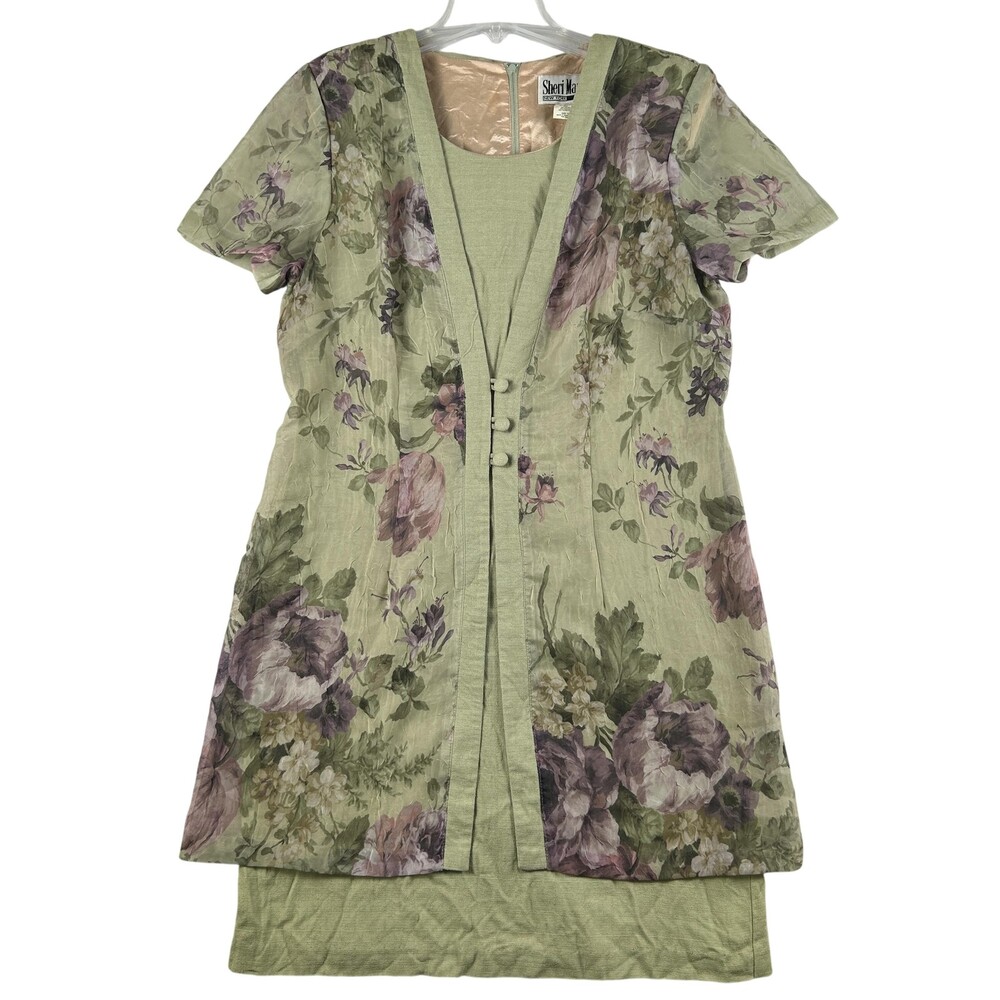 Sheri Martin Jacket Dress Womens 12 Green Floral Short Sleeve Midi Lined Zip